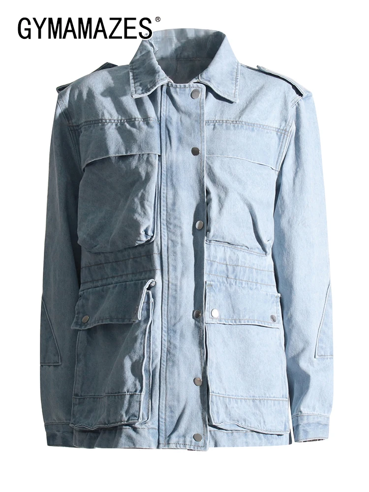 

GYMAMAZES Solid Patchwork Pocket Casual Denim Jacket For Women Lapel Long Sleeve Spliced Button Loose Casual Jacket Female New