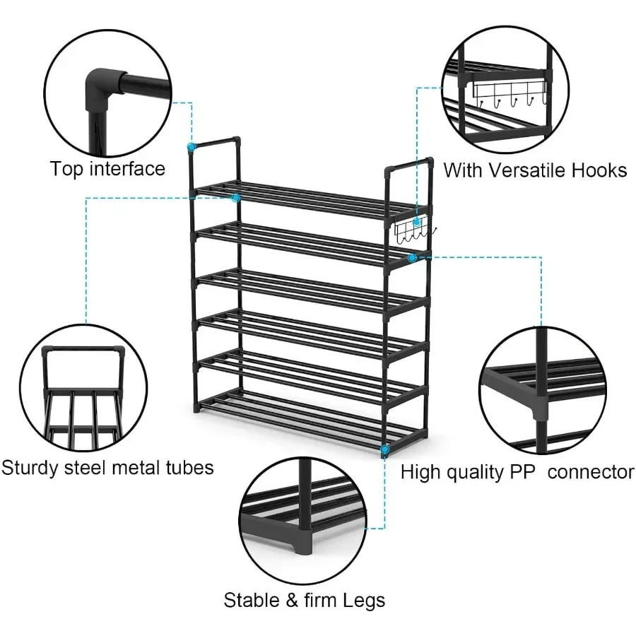 6 Tiers Metal Shoe RackAdjustable Shoe Shelf Storage Organizer with Hooks Stackable Boot Shoe Storage for Entryway Hallway Clos