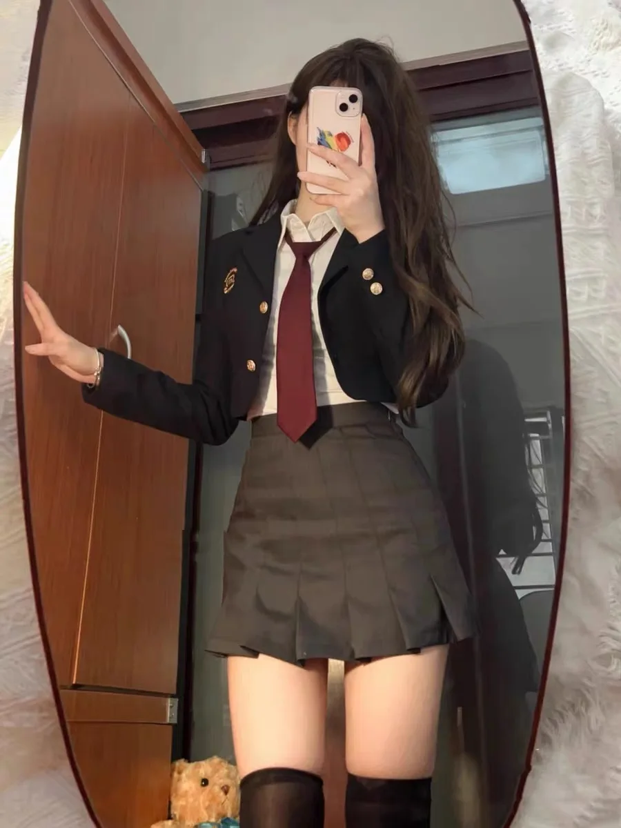 Korean JK Uniform Set College Style Girls Short Suit Blazer Navy Coat Wrap Hip Skirt Tie Shirt Spring Autumn japanese school uniform