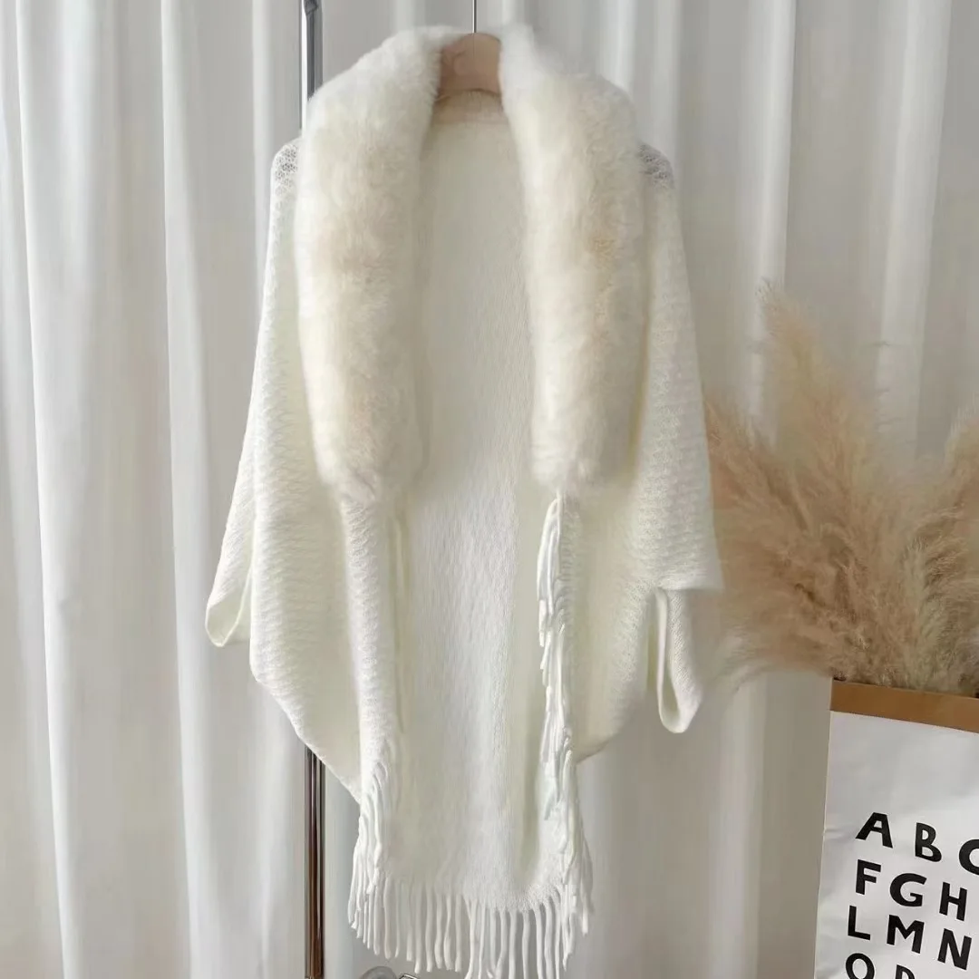 

Poncho Cloak Autumn and Winter New Versatile Imitate Wool Neck Shawl Mesh Knitted Cape Tassel Scarf Women Fashion Coat White