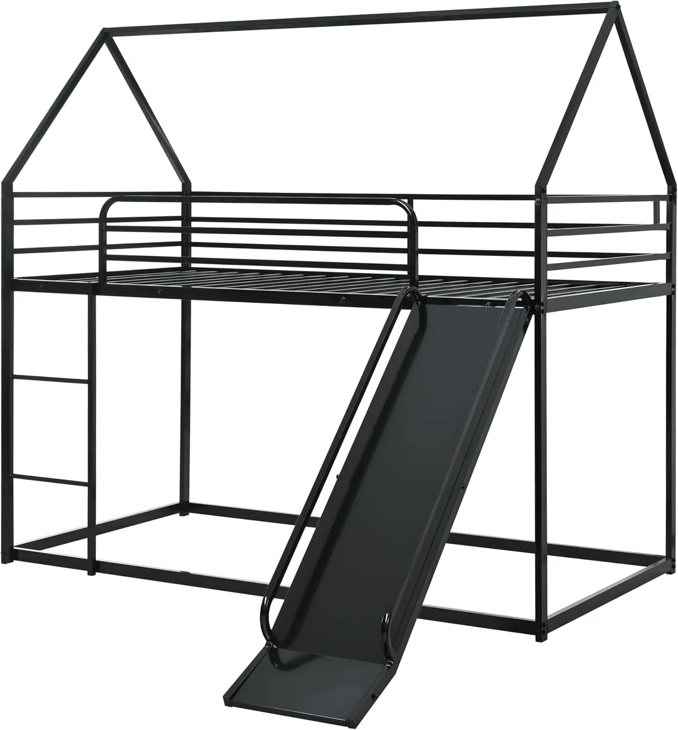 Twin Over Twin Bunk Bed with Slide, Junior House Low Bunk Bed Metal Bunkbeds with Ladder and Full-Length Guardrail for Girl, 6