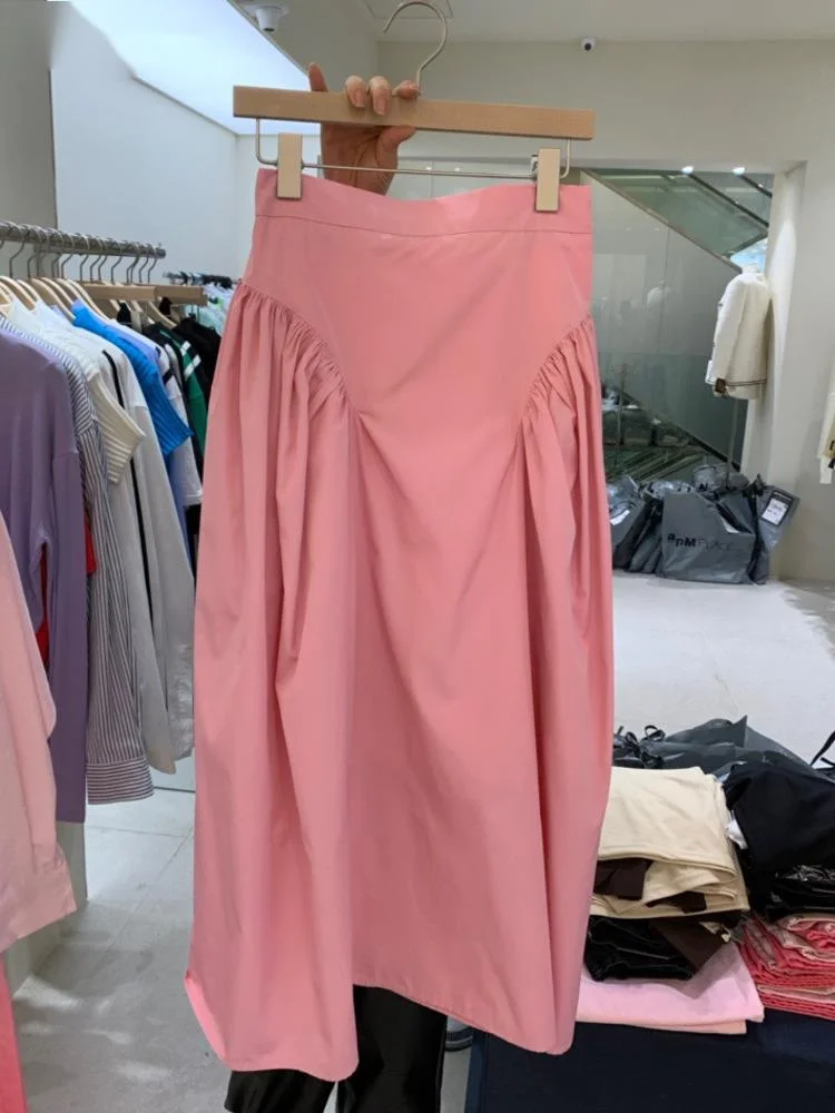 

Pink Pleated Patchwork A-line Skirt For Women High Waist Sweet Mid-calf Skirts 2023 Summer New Tide All-match Clothes X057