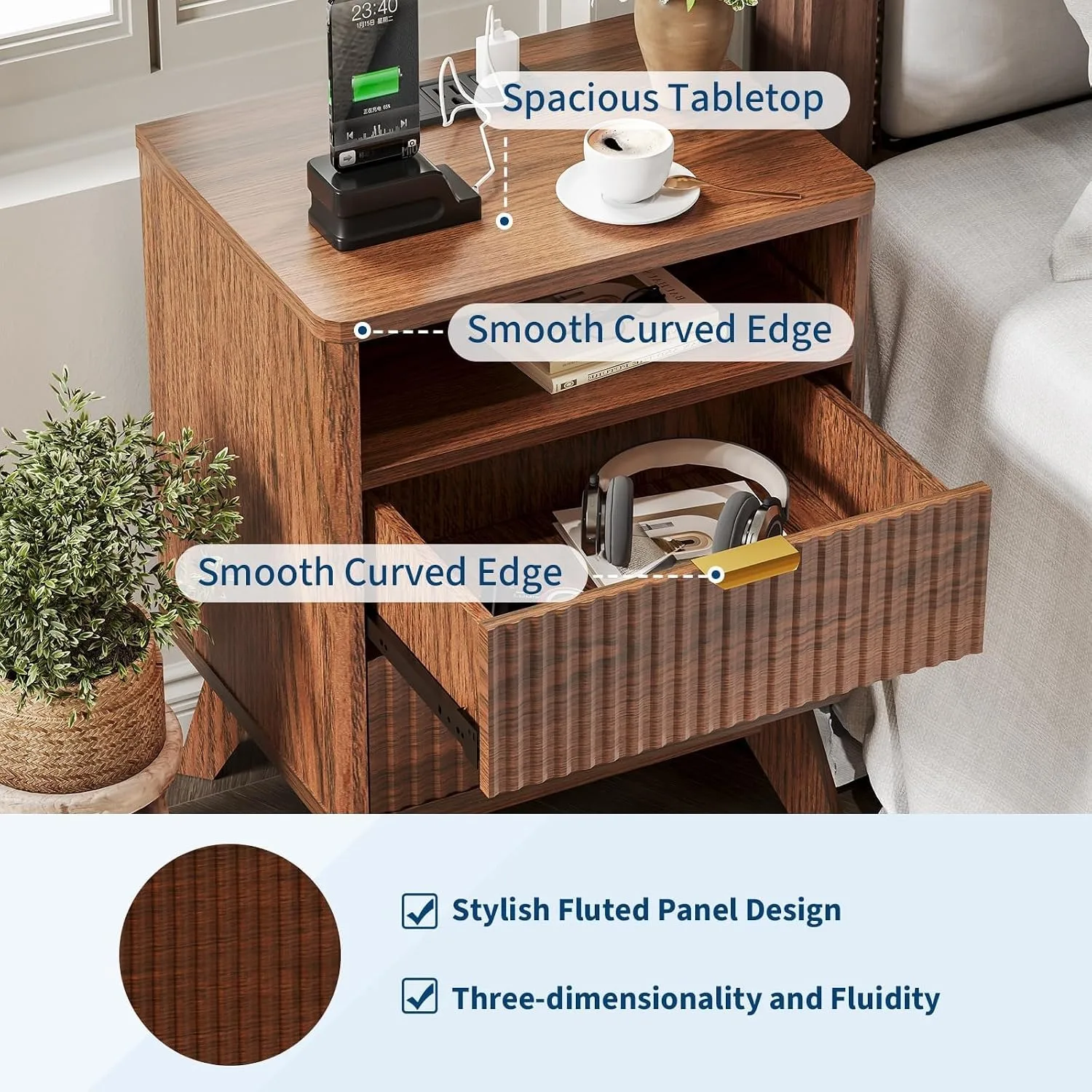 Walnut Nightstand with Drawer and Open Shelf USB Charging Station Bedside Table with AC Outlets Fluted Wood Side Table Storage Cabinet for Bedroom Living Room Sofa 4 Walnut Nightstand with Drawer and Open Shelf USB Charging Station Bedside Table with AC Outlets Fluted Wood Side Table Storage Cabinet for Bedroom Living Room Sofa 4