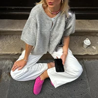 Hirigin-Cardigan court à manches courtes pour femme, t-shirt boutonné, tricot de lit, vêtements d'extérieur pour filles, Y2k 3