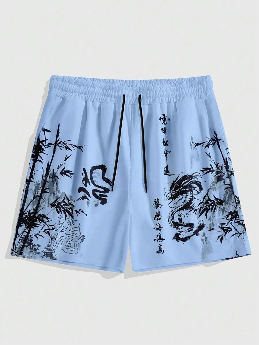 New men's summer shorts loose and luxurious shorts 3D printed casual bamboo forest dragon print Harajuku ancient style shorts — view 2