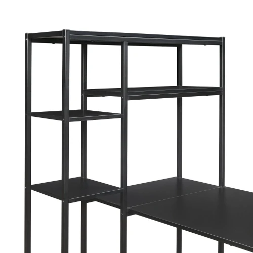 Office Computer Desk With Multiple Storage Shelves  Modern Large Office Desk With Bookshelf And Storage Space Black Furniture