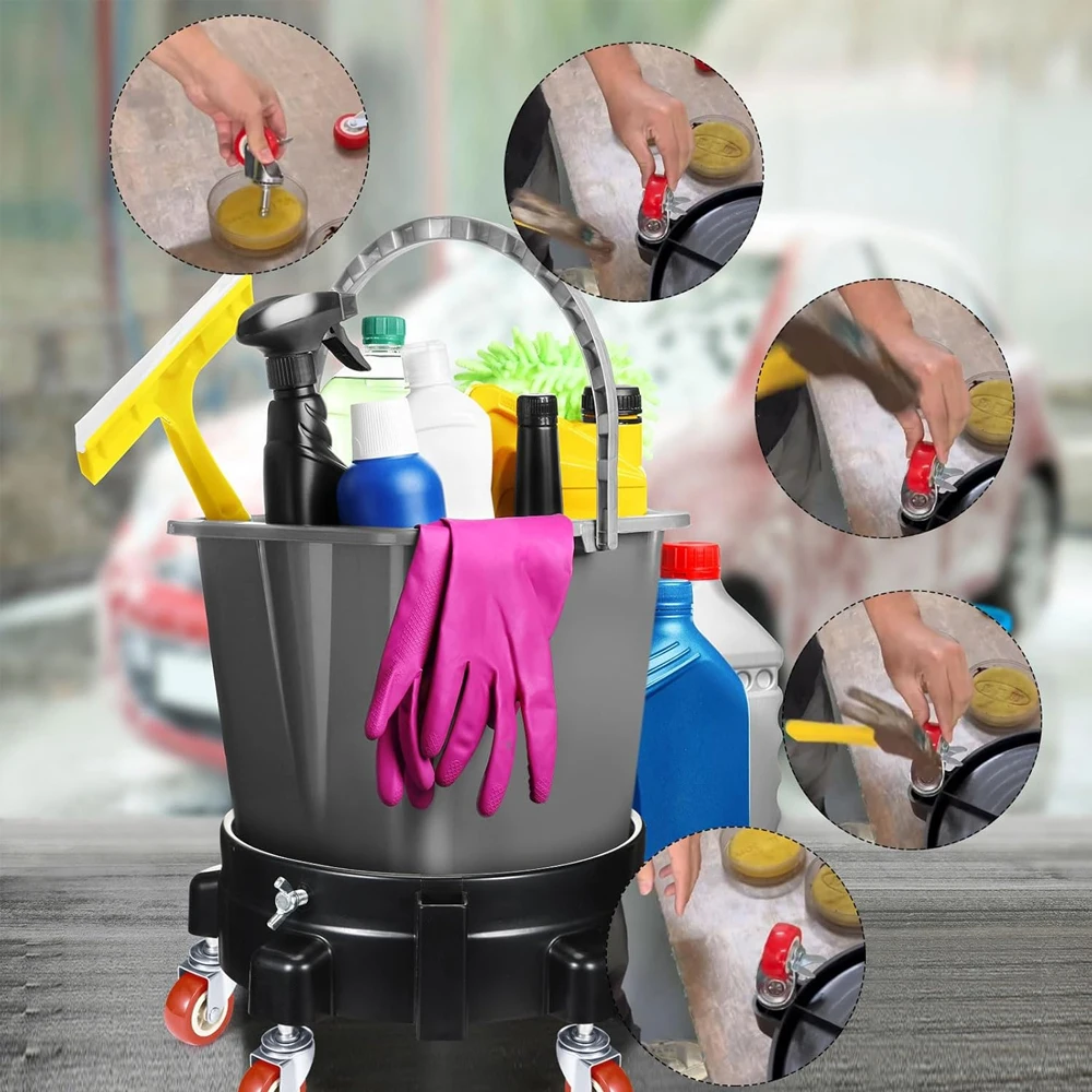 Rolling Bucket Dolly 360&deg; Swivel Roller Removable Storage Tray Wheels Car Wash Tools Accessories