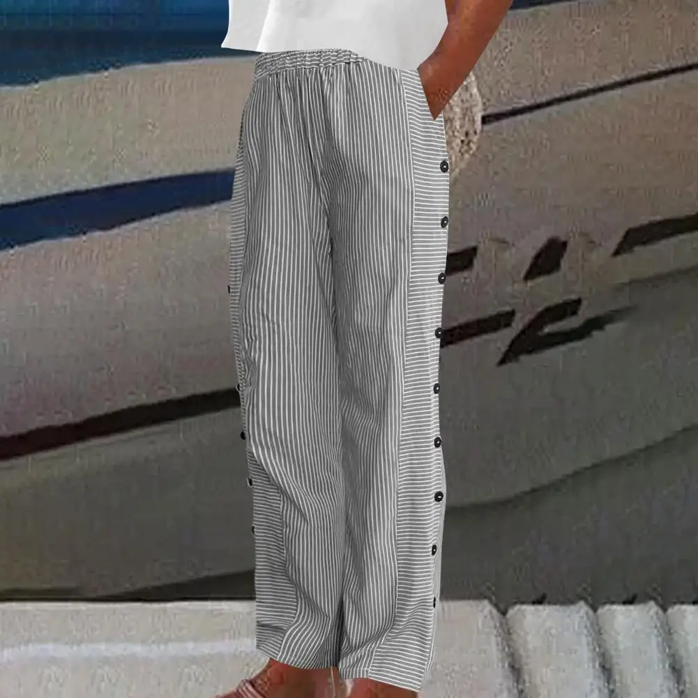 

Women Casual Pants Elastic Waist Wide Leg Sweatpants With Pockets Stripe Print Side Button Up Loose Work Trousers