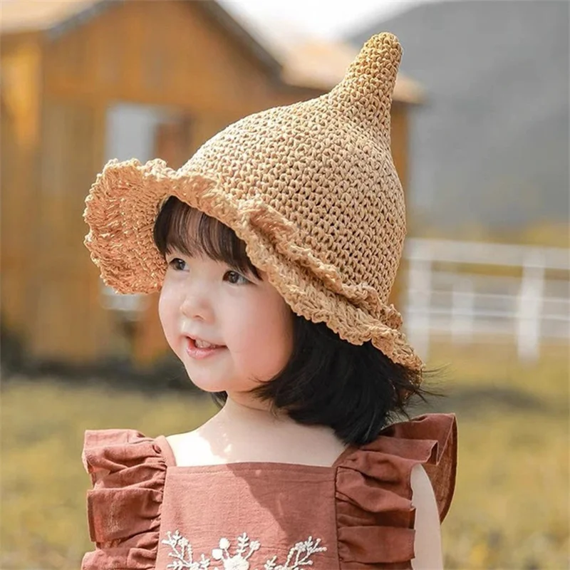 2022 Fashion Cute Children Girl Princess Sunhats Point Top Outdoor Beach Holiday Summer Plaited Straw Magic Hat Cap for Kids