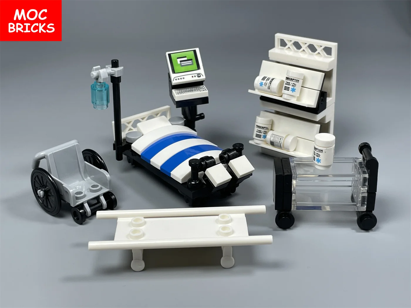 MOC 벽돌 DIY 군사 의료 시리즈 운영 침대 휠체어 들것 알약 교육 빌딩 블록 장난감 어린이 선물