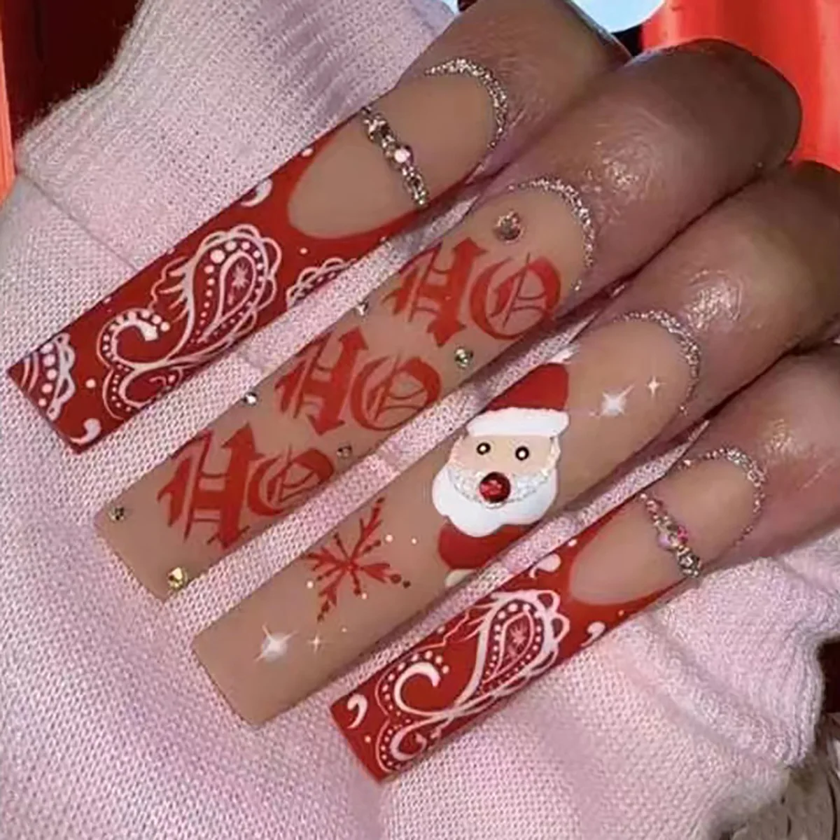 Xmas Elk Pink Long Coffin Press On Nails with Rhinestones