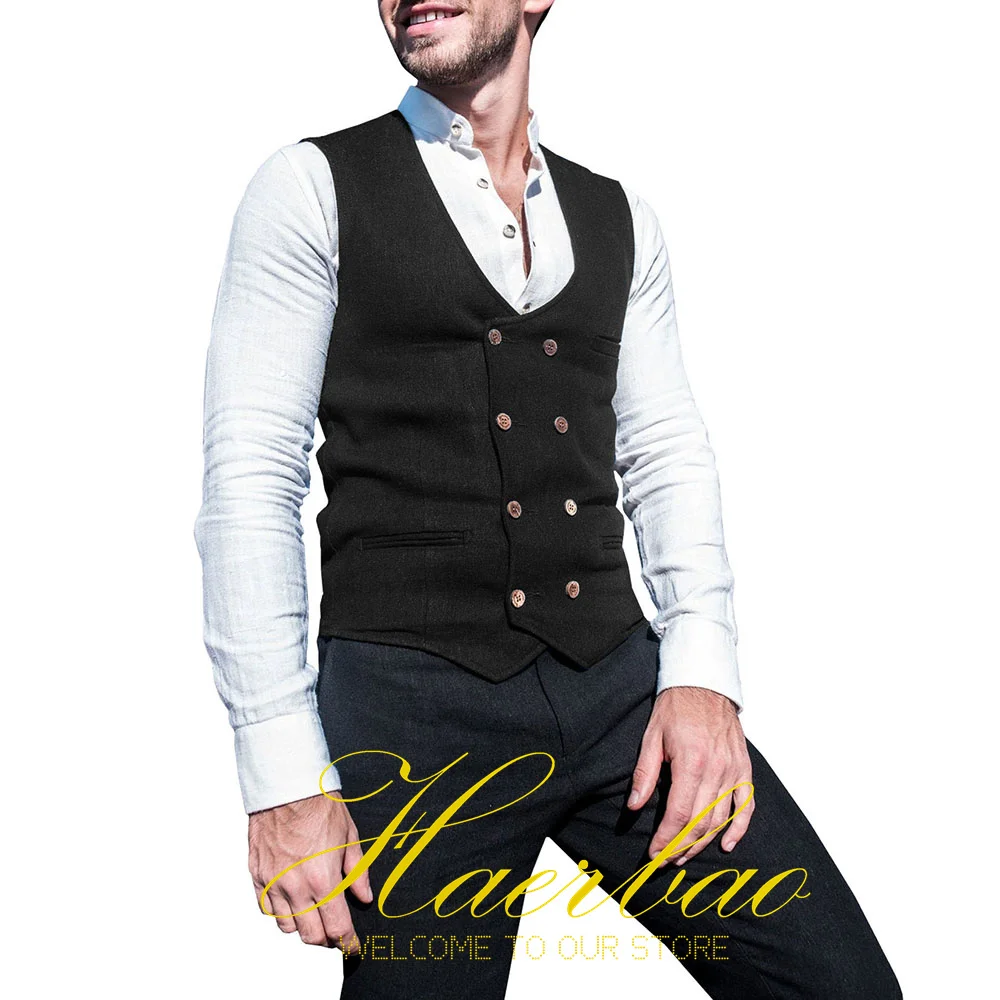 Mens Herringbone Vest Double Breasted Resting Sleeveless Jacket Formal Wedding Waistcoat Groom Party Waistcoat