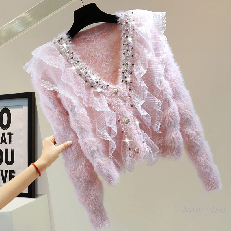 

Mohair Wavy Edge Diamond Beaded Sweater Cardigan for Women 2023 Autumn High Waist Short Sequined V-neck Flounce Cardigan Coat
