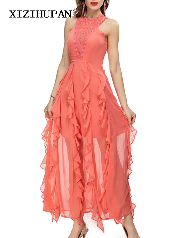 

XIZIHUPAN Elegant Patchwork Lace Dress For Women Halter Sleeveless High Waist Spliced Ruffles Irregular Dresses Female New Style