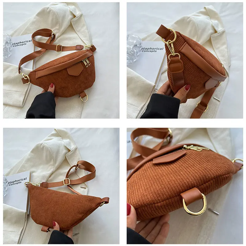 Women Unisex Corduroy Chest Waist Bag Zip Sling Travel Sport Coins Phone Bags Casual Breathable Sports Crossbody Bag
