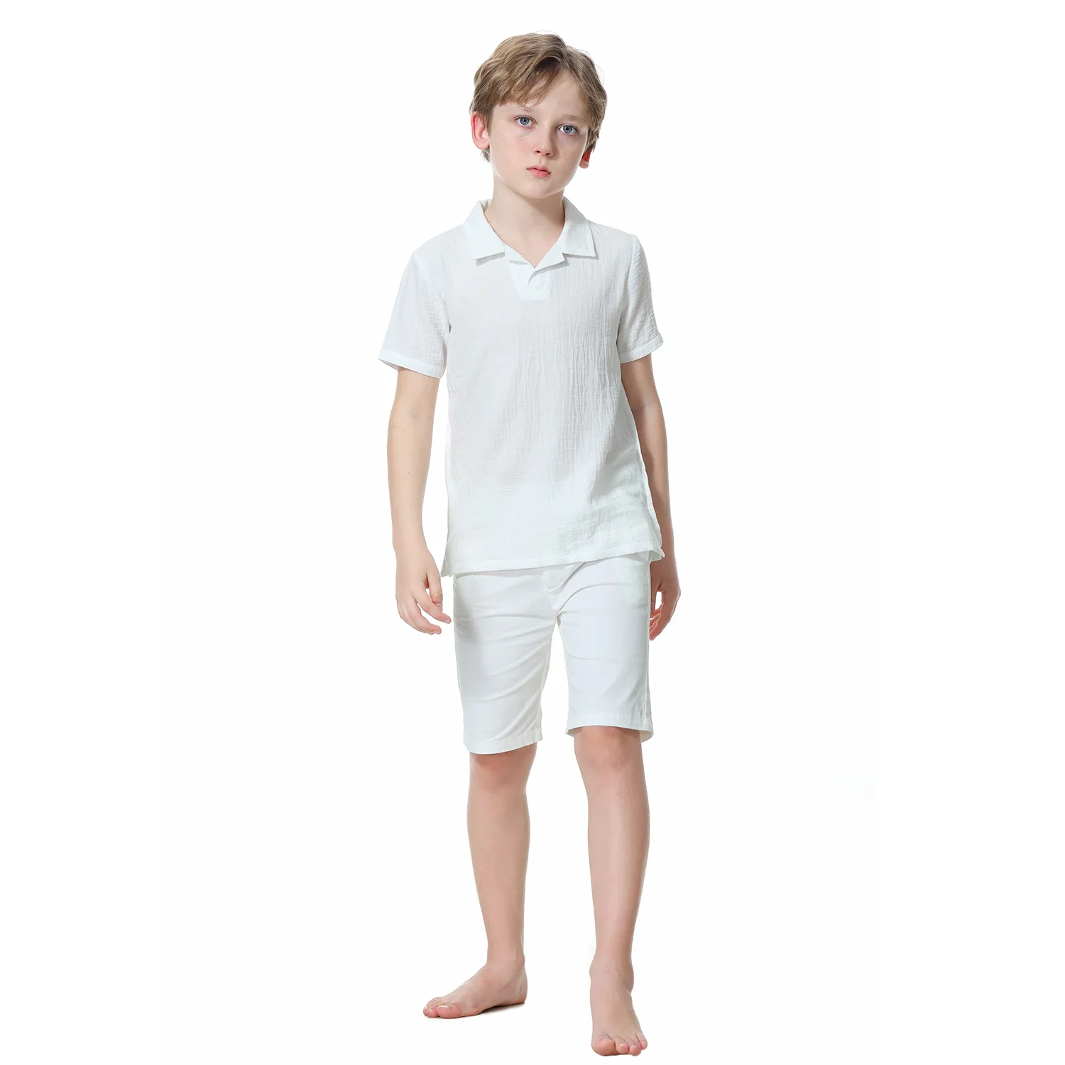 AP Dress Shorts and Muslin Shirt 2024 Summer Kids Cotton Family Matching Series Boy Top and Pants Micro Elastic Fabric, #7303 2