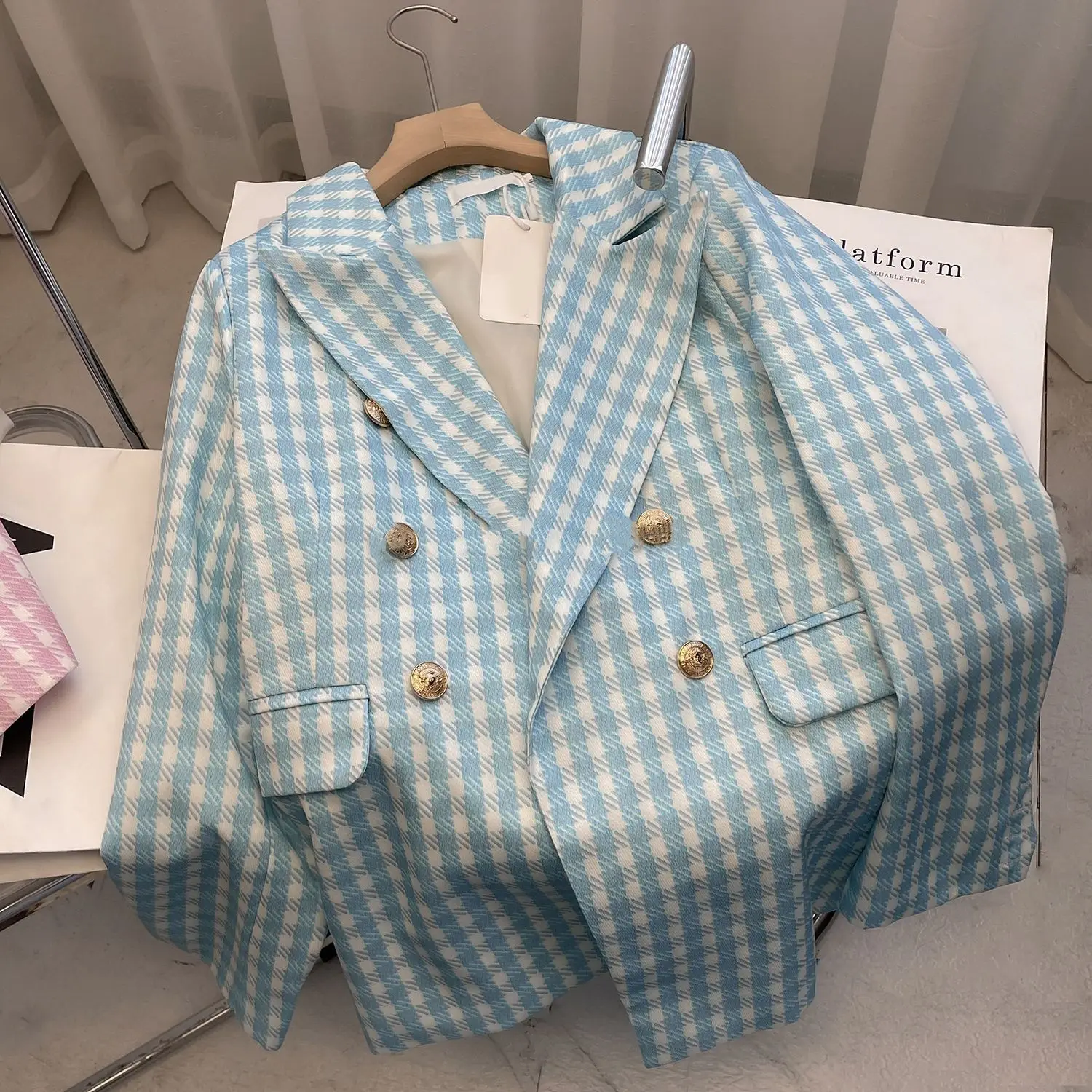 

New Arrival Fashion Autumn Kids Jackets for Girls Double Breasted Coats with Pockets Turndown Collar Plaid Outwears