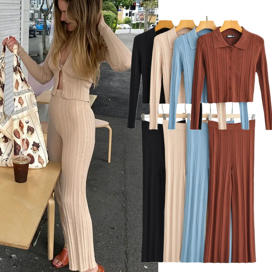 Dave&Di 2023 Ins Fashion Blogger France Style Vintage Rib Casual Cardigans And Straight Harem Knitted Pants Women Knit Sets