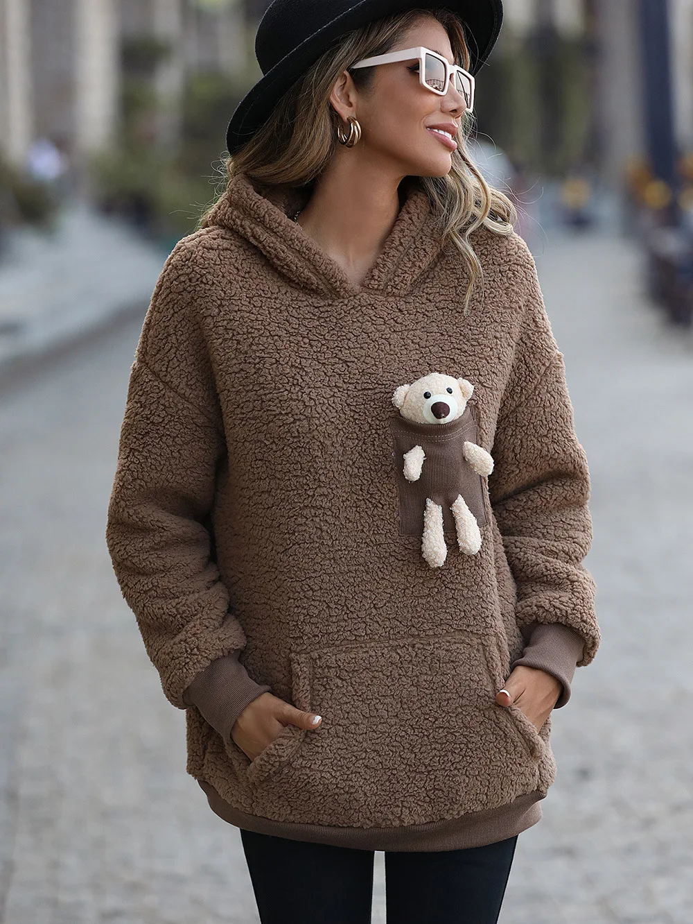 

2022 Autumn Women Sweatshirts Hooded Warm Fleece Winter Solid Color With Beer Pockets Casual Loose Female Hoody Outwear C4379