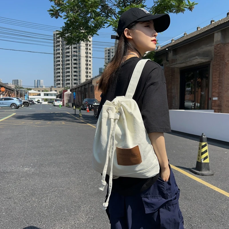 Y2K Canvas Backpacks College Shoulders Bags For Women Travel Knapsack String Packbag Vintage Rucksack Korean Fashion Mochila Ins