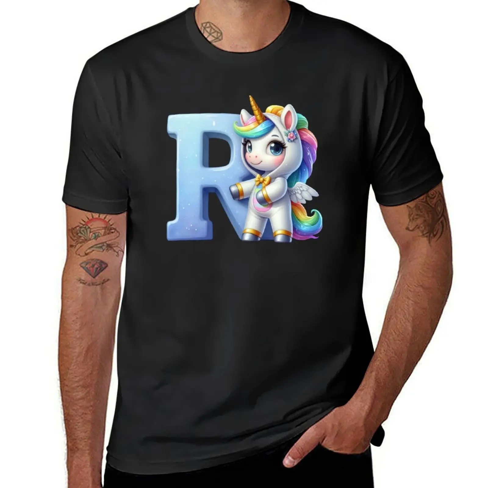 Unicorn kawaii alphabet monogram letter R T-Shirt boys animal print oversizeds Men's t shirts