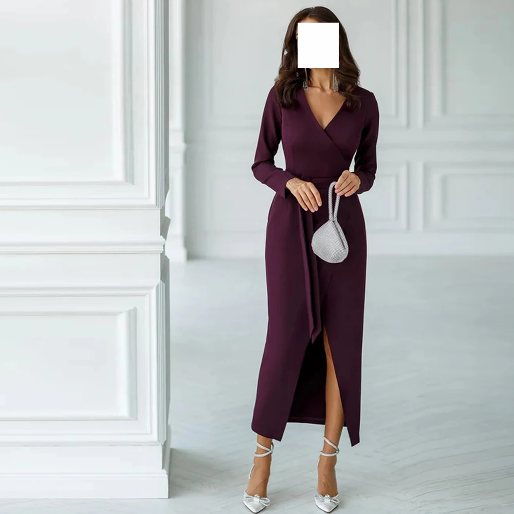 

Modern Purple Jersey V-Neck Evening Dress Simple Natural Straight Pleat Long Sleeves Tea-Length for Women Bespoke Occasion Gowns