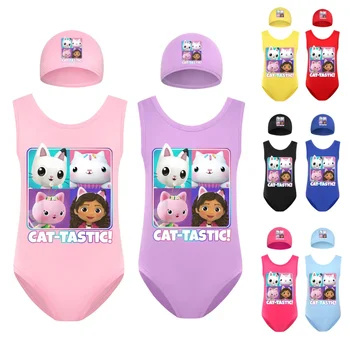 Gabby Doolhouse Swimwear Kids One Piece Beach Wear Children Ruffle Bathining Suit Toddler Girls Cabby Cat Swimsuit+cap 2pcs Sets