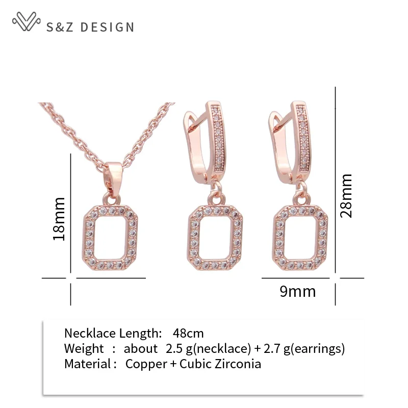 S&Z DESIGN New Fashion Cubic Zirconia Rectangle Dangle Earrings Jewelry Sets For Women 585 Rose Gold Color Pendant Necklace