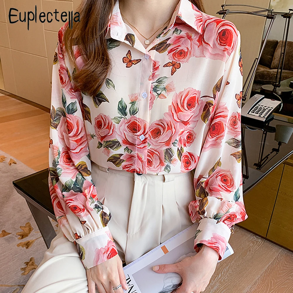 

Euplectella Fashion Ladies Shirts Casual Loose Women Chiffon Rose Printed Blouses 2022 Spring Autumn Lantern Long Sleeve Tops