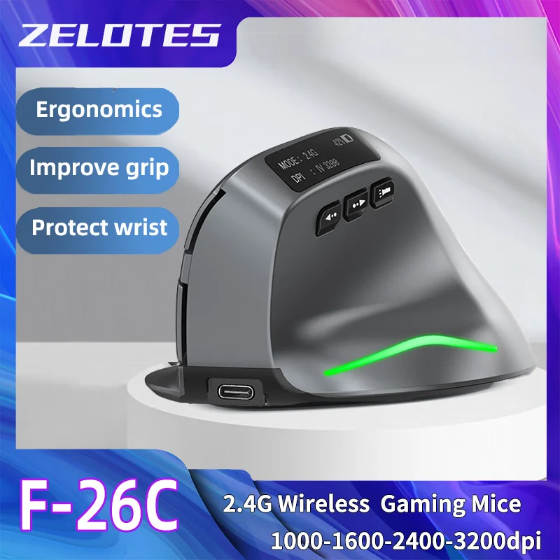 Zelotes F-26C Computer Laptop Office Mouse 2.4G Wireless Gaming Mouse Bluetooth DPI Adjustable LED Display Screen wireless mouse gaming mouse