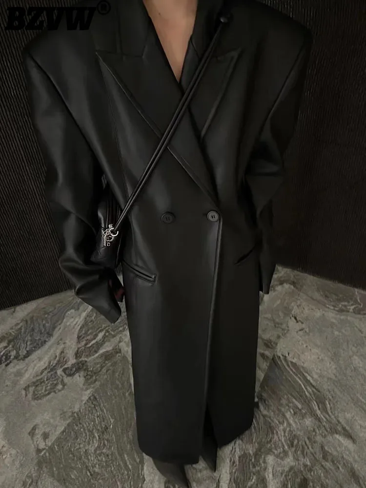 

BZVW Black Long PU Leather Coat For Women Clothing 2024 Spring Autumn New Trend Loose High-end Female Outerwear Female 25X4062