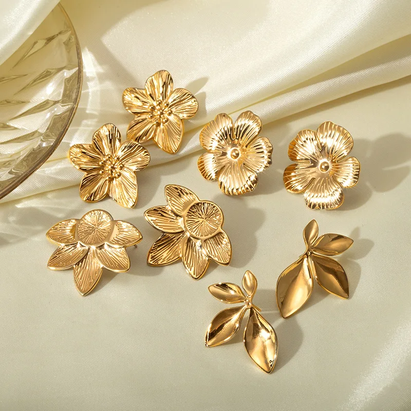 Keen-on Fashion Stainless Steel Metal Flower Stud Earrings Hot Style Waterproof Texture Trendy Jewelry 18K Gold Color Plated 2