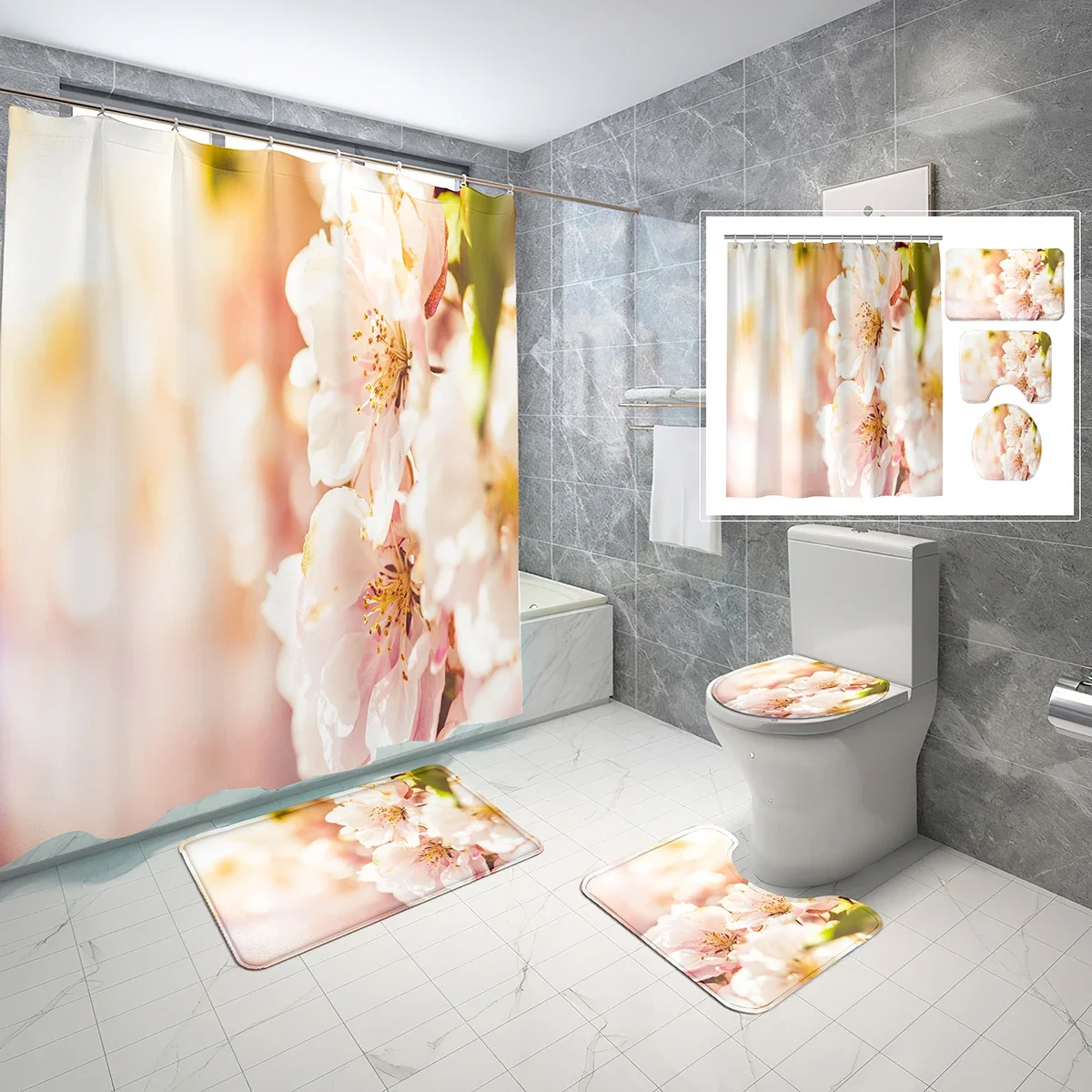 

Peach Blossom Shower Curtain Sets 4 Pcs with Non-Slip Rugs Mat Toilet Lid Spring Branch Flower Waterproof Shower Curtain Set