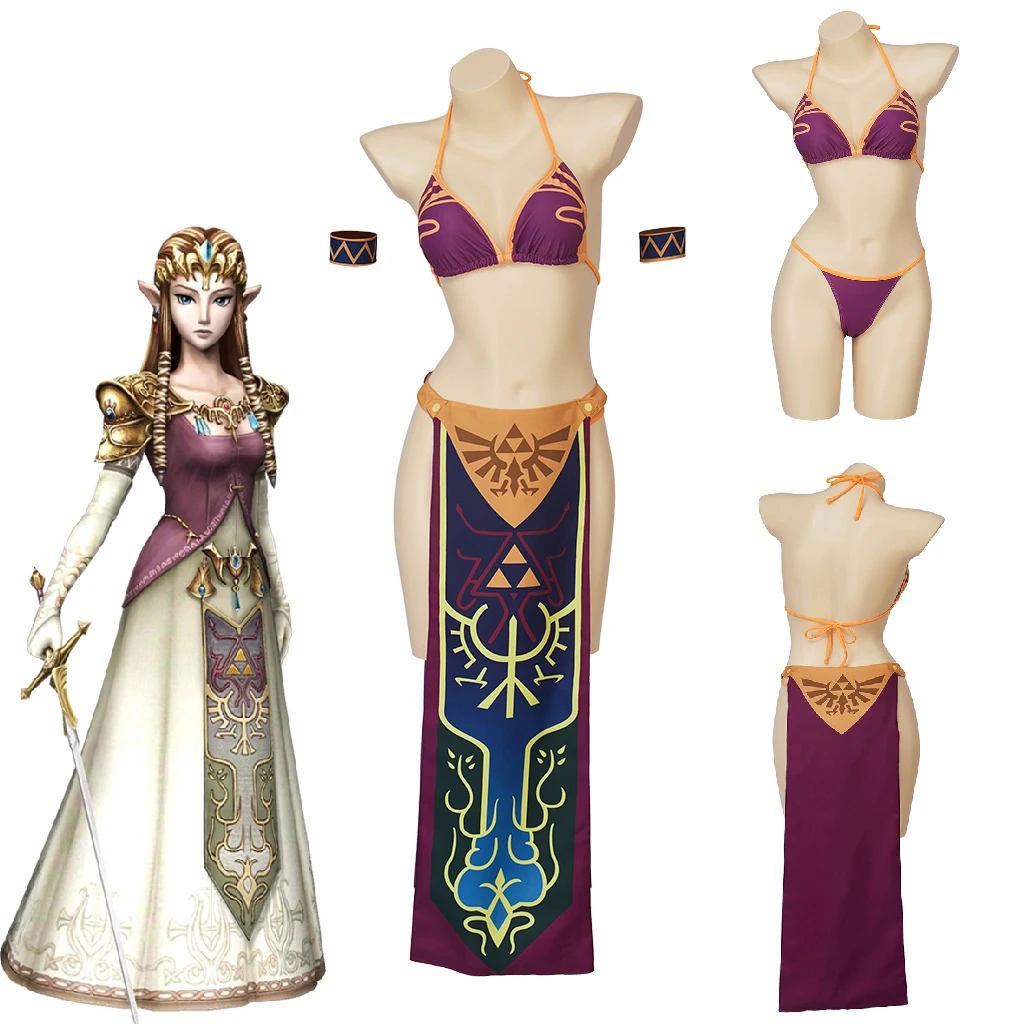 

Breath of the Wild Game Cosplay Twilight Princess Swimsuit Sexy Halter Neck String Bikinis Slit Skirts Suits Halloween Swimwear