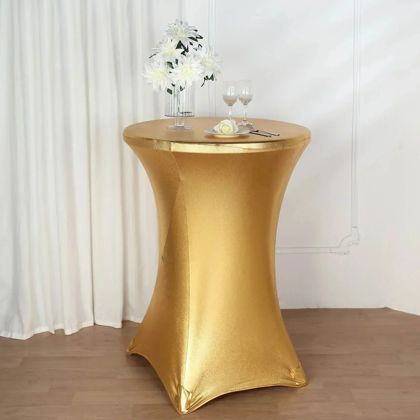 

Gold 5pcs Sale Metallic Spandex Cocktail Table Cover Lycra Bar Tablecloth Linen For Event Wedding Banquet Decoration