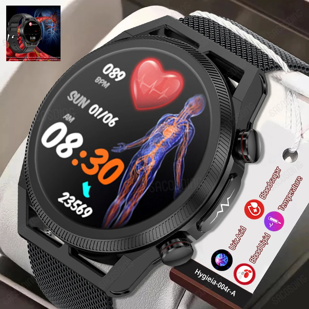 

2023 Health Body Thermometer Smart Watch Blood Sugar Blood Lipid Uric Acid HRV Monitor ECG+PPG Smartwatch 360*360 Bluetooth Call