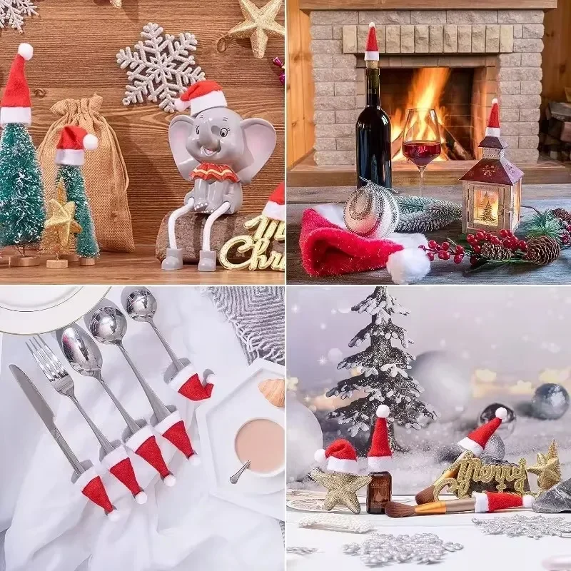 2/200PCS Velvet Mini Santa Hats Wine Bottle Covers Christmas Tableware Holder Lollipop Caps Bottles Bags Xmas Home Party Decor