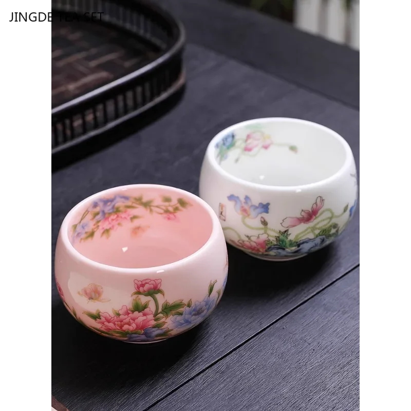 1PCS 150ML Boutique Ceramic Tea Cup Yangzhi Jade Masters Single Cup Handmade Pink Retro Chinese Beauty Tea Set
