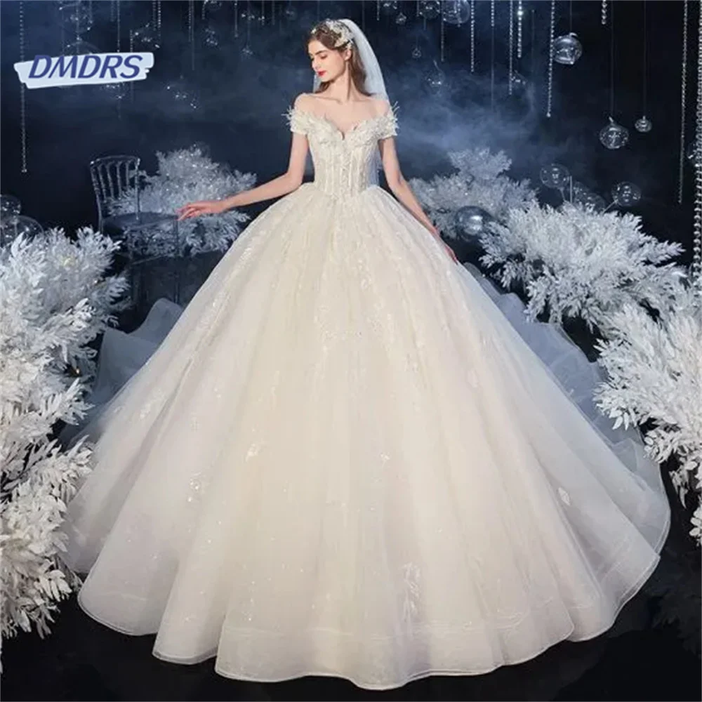 

Luxury Lace Appliques Wedding Dress Romantic Sweetheart Neck Off The Shoulder Bridal Gown Elegant Vestidos De Novia