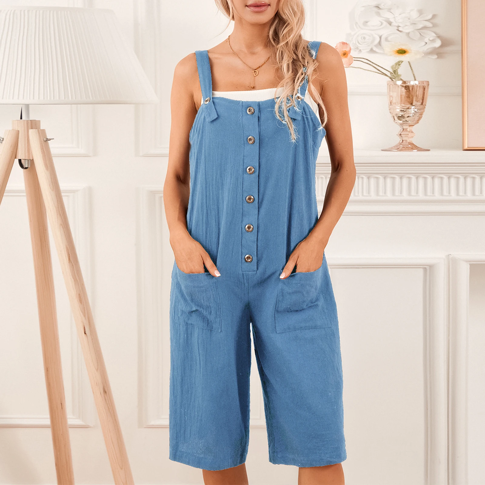 

Women Solid Color Casual Clothes Summer Buttons Pockets Sleeveless Straps Jumpsuits Playsuits Loose Rompers Club Vacation