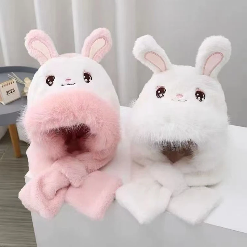 Cartoon Rabbit Baby Plush Hat Scarf Winter Fluffy Fur Ear Protection Cap for Toddler Cute Bunny Ear Kids Boy Girl Beanie Caps 1