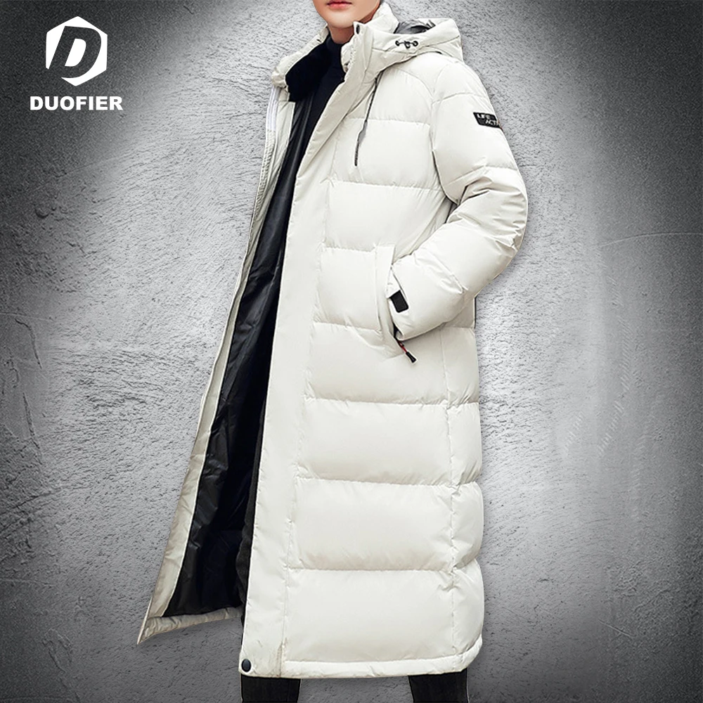 

2023 Men's Down Jacket Mid-Length Winter Thick 90% White Duck Down Jacket Warm Korean Fashion Hooded Multi-Pockets Overcoat Men