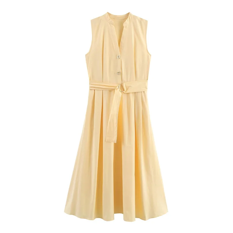 Women's Summer 2025 Yellow Sleeveless Poplin Midi Dress with Belt