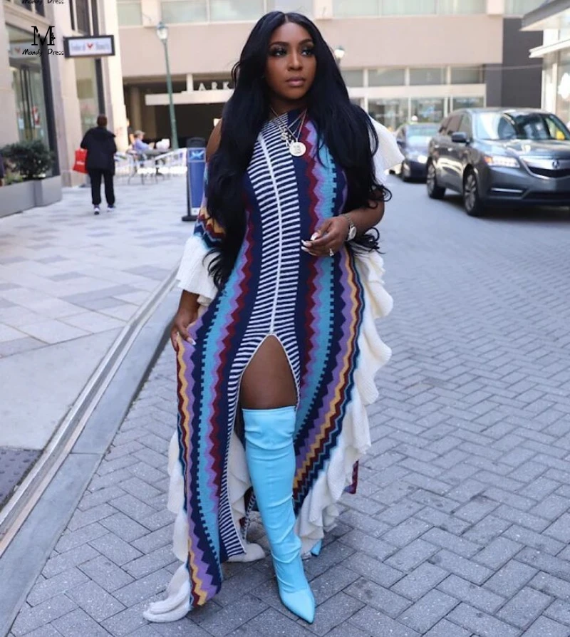 

Женское трикотажное платье макси в полоску, повседневное свободное платье с оборками и разрезом, лето 2023