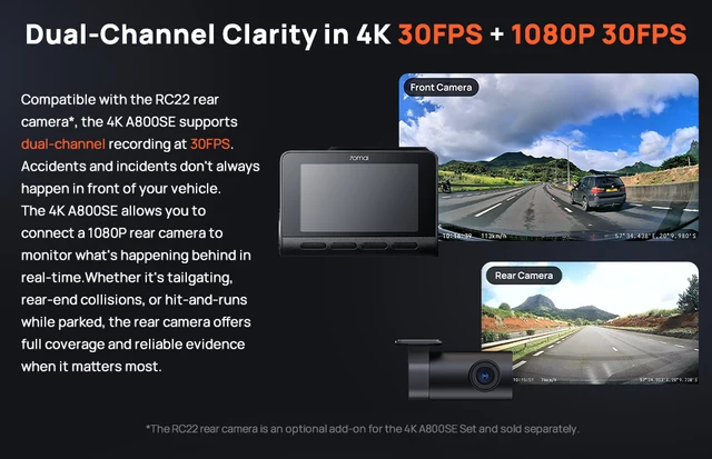 70mai A800SE 4K車載DVR、リアまたはインテリアカメラ対応、24