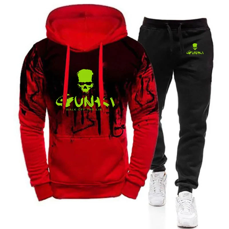 2024 Spring Autumn Gunki Logo Print Fashion Gradient Color Sports Set Men's Comfortable Hoodies Tracksuit+Casual Sweatpants Suit 3