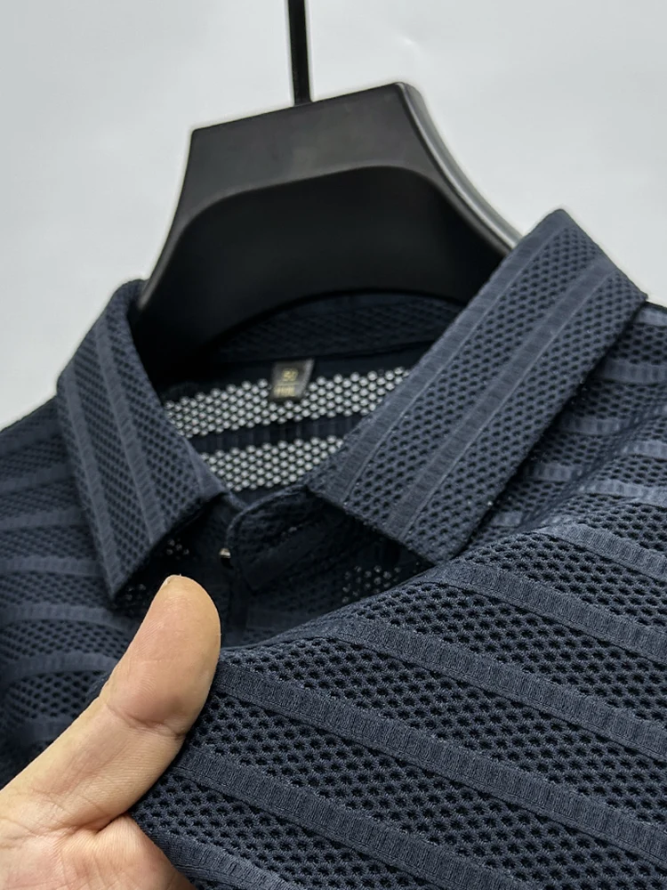 New Ice Silk Mesh Hollow Polo Shirts 2023 Summer Korea