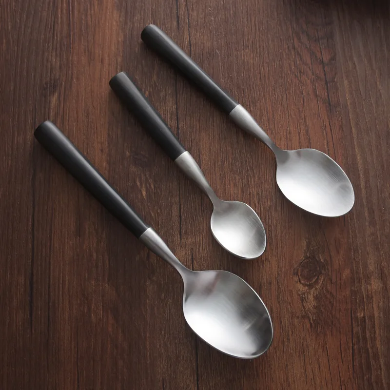 304 Stainless Steel Spoon Black Wooden Handle Spoons Retro Soup Spoon Dessert Coffee