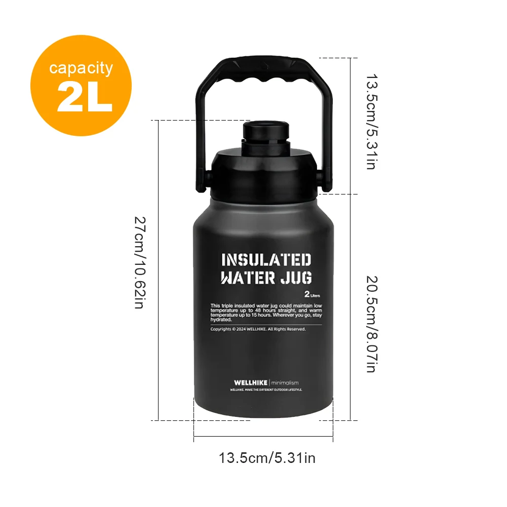 2L Insulated Water Bottle Handle Gym Training Water Bottle Stainless Steel Portable Cup Outdoor Sports