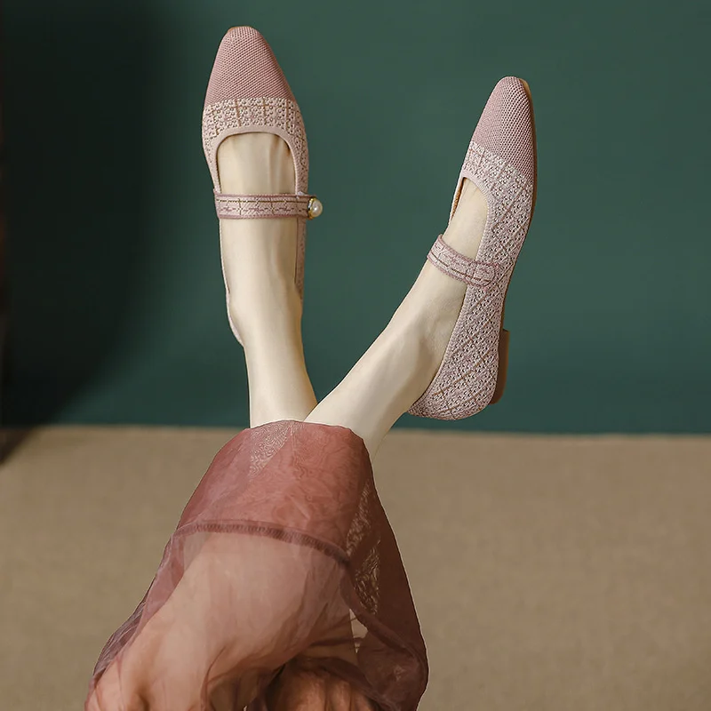 Fashion Leisure Spring Autumn New Small Square Toe Shallow Mouth Women's Single Shoes Mesh Flying Weaving Mary Jane Shoes